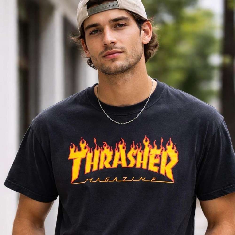 Thrasher Magazine Flame Logo Black Size Small Skate Streetwear Graphic Tee